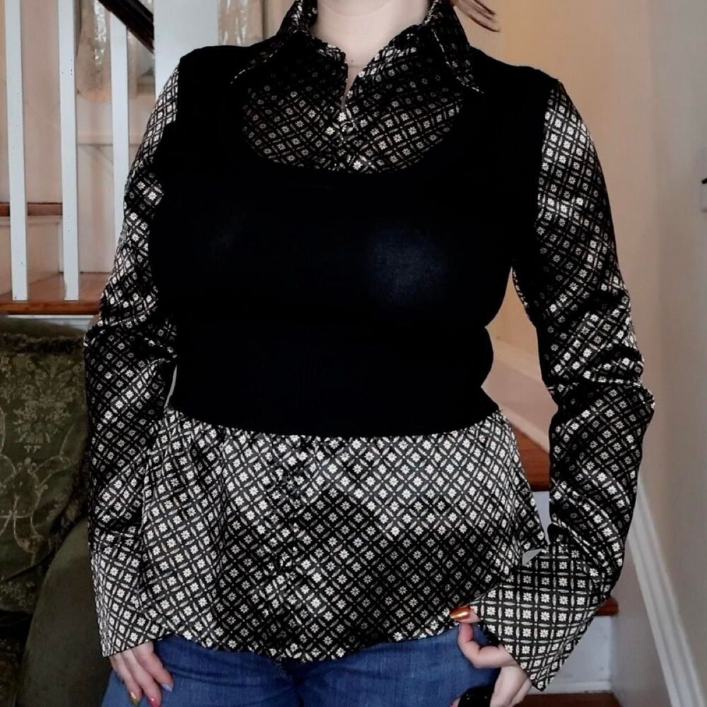 Y2K Layered Sweater Vest Button Up Large Dark Academia Whimsigoth Gilmore Office